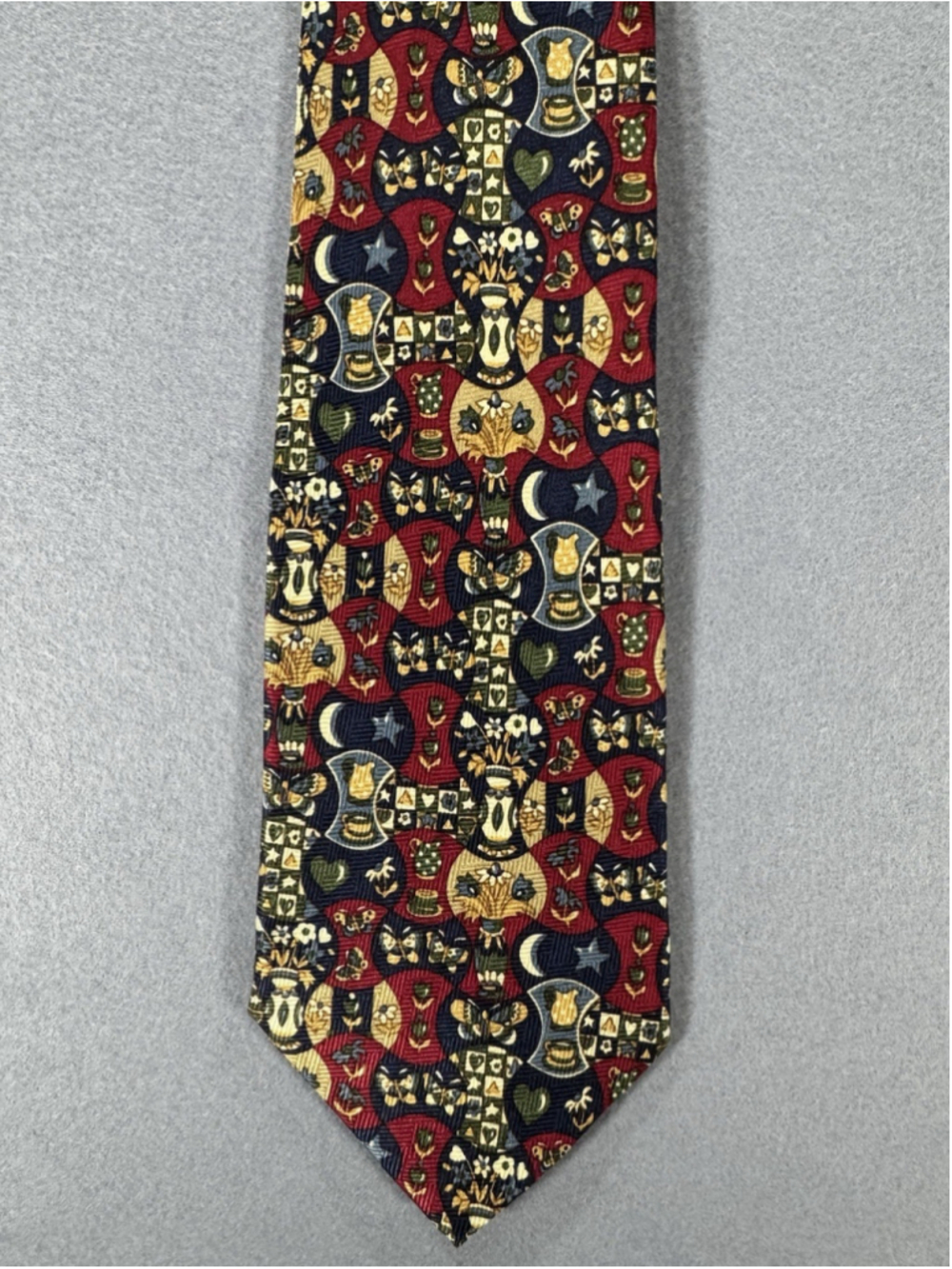 Vintage Korean Air Mens Red Silk Necktie Mosaic Geometric Celestial Moons Stars